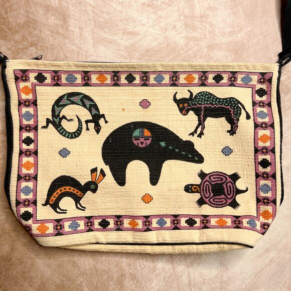 Vintage 90s El Paso Saddle Blanket Tapestry Animal Folk Art Shoulder Bag Zip Up - Picture 3 of 6